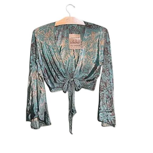 Passage to India Crop Top Wrap Bell Sleeve Boho Floral - Picture 2 of 9